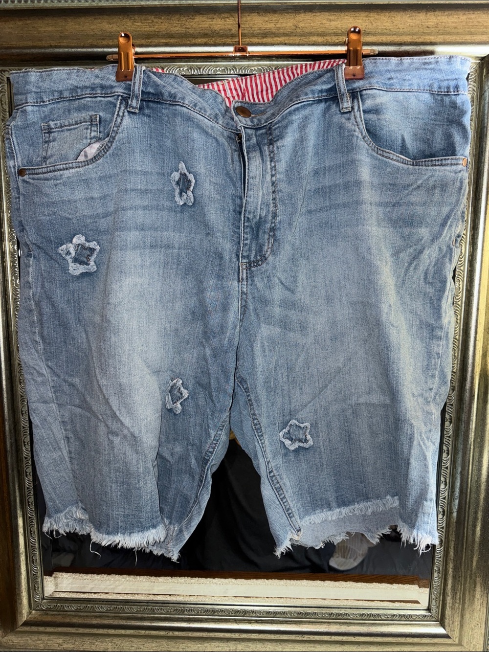 loralette Avenue Distressed Denim Shorts with Patriotic Star Accents - Size 22